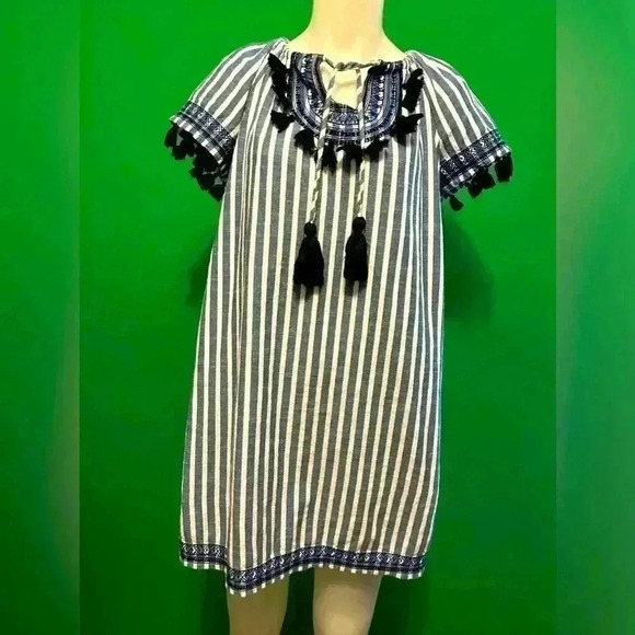 Crown and Ivy size 2 blue and white dress with navy tassels on sleeve and neck - Picture 1 of 4